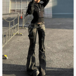 Must madala v&ouml;&ouml;kohaga cargo teksap&uuml;ksid kulutatud vuntside ja mitme taskuga venivad bootcut p&uuml;ksid naistele Retro Grunge Streetwear 3XL