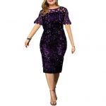 Atraktiivne pidulik kleit &uuml;mara kaelusega, &otilde;&otilde;nsaga, elegantne puusakleit s&auml;&auml;re keskele 5XL tumelilla v&auml;rv