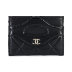 Chanel 24S Kuldne Pandla Teemantmustriga Ruuduline L&auml;ikiv Vasikanahast Kaardihoidja ja Kaardikott Unisex Paaristiilis Must One Size-Basic Set (Bag+Dust Bag) must