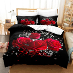 Punaste rooside tekikotikomplekt Queen Size King Full 3D Voodipesukomplektid Lilleline Padjap&uuml;&uuml;r Tepitud Voodipesu &Uuml;hekohaline Kahekohaline Voodi AU Single(140*210cm)3pcs black