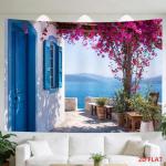Vahemere terrassi seinavaade sinise ukse ja roosa bugenvilleaga 180x280cm Seinakate 150x100cm(60x40in)