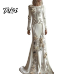 Halloweeni Cosplay Kost&uuml;&uuml;m Naistele Luukere Prindiga Maxi Kleit, Gootiline Pikkade Varrukatega Kleit Lavaesinemiseks 3D Lillede Kaunistusega, Sametine Lilleline Peoks XXL valge