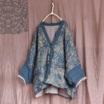 Johnature naiste vintage linased pargid V-kaelusega lillelised lapitehnikas n&ouml;&ouml;pidega mantlid Talvised Hiina stiilis naiste soojad parkad One Size sinine