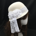 Prantsuse retrovalge 100% villane naiste m&uuml;ts, elegants Must lilleline pitsbarett Prantsuse pulmavillane silindrim&uuml;ts naiste viltk&uuml;bar 56-58cm valge