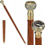 Brass Compass On Top Head Handle Brown Wood Walking Stick Cane 93.98 cm