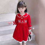 T&uuml;drukute sametkleit Lolita Printsess Tikitud Paksud Kleidid Lastemood S&uuml;gistalvine Pits Peter Pan krae kleit Lasteriided 8T punane