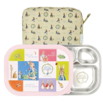 Peter Rabbit pitseeritud taldrikuga l&otilde;unakarp + tasku komplekt, roosa, taldrik + kaas + tasku, Populaarsed Korea lapsevanemaks olemise esemed beige