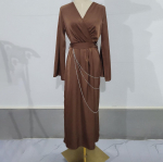 S&uuml;gisene naistemood &uuml;hev&auml;rviline pikk kleit Elegantne pikkade varrukatega v&ouml;&ouml;kohaga kettkleit V-kaelusega XXL pruun