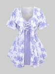 Rosegal Plus Size Rose Flower Print Lace Trim Lace-Up volangidega pluus ja r&ouml;stitud sooniku tekstuuriga Cami top L lilla