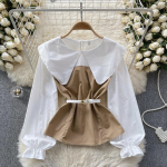 Korea seeria l&uuml;hikesed naiste s&auml;rgid, puhvis varrukatega topp, suur rev&auml;&auml;r, kontrastset v&auml;rvi, lapitehnika, varakevadine riietus, uus mood One size khaki