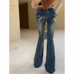 Gyaru Retro salendavad kitsad teksad Naiste kevad- ja suvised p&uuml;ksid, elastsed madala v&ouml;&ouml;kohaga Slim Fit tikandid laienevad p&uuml;ksid M sinine