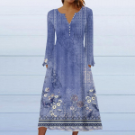 Moodne naiste vabaaja mood &uuml;hev&auml;rviline V-kaelusega taskukleit pikkade varrukatega L sinine