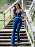 Shascullfites Melody kaheosaline komplekt tumesinine denim Uus sobivates komplektides Flare teksad ja lukuga k&auml;rbitud &uuml;likonnariided naistele XS