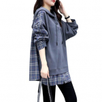 Kevad s&uuml;gisene naiste kapuuts Plaid Print Fake Kaheosaline keskmise pikkusega n&ouml;&ouml;r pikk M tumesinine v&auml;rv