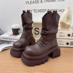 Mood Platvorm Naiste Pahkluusaapad Nahast Disainer Plisseeritud Keskmise Kontsaga Kingad Naine 2024 Trend Gooti Uued Chelsea Saapad Talv Mujer Saapad 35 must