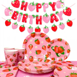 Maasika s&uuml;nnip&auml;evalauan&otilde;ud, maasika peolauan&otilde;ude komplekt - maasika s&uuml;nnip&auml;evataldrikud, salvr&auml;tikud, tassid, laudlinad jne as the picture roosa