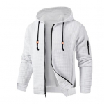 Meeste kapuutsiga dressipluus-jakk, n&ouml;&ouml;riga, pikkade varrukatega, vahvlimustriline, spordijakk taskutega, &uuml;hev&auml;rviline, vabaaja, lai, pealmine riietus S valge