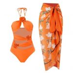 2tk/komplekt Monokini komplekt Seksikas &otilde;&otilde;nsa disainiga polsterdatud toega 3D lillekujundusega ujumistrikoo prindiga Cover Up Seelikukomplekt &Scaron;ifoonist rannariided S arbuusipunane v&auml;rv