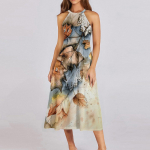 Naiste vabaaja &uuml;mara kaelusega midi kleit, p&otilde;hiline klassikaline v&auml;ljas igap&auml;evane varrukateta lahtine boho sidumiskleit, suvine rannakleit L beež