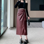 Korea stiilis k&otilde;rge v&ouml;&ouml;kohaga kitsas A-l&otilde;ikeline seelik naistele, l&otilde;hikuga, keskmise pikkusega, sirge, puusale, PU-nahast seelik M