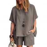 Naiste puuvillase lina 2-osaline komplekt l&uuml;hikeste varrukatega &uuml;mara kaelusega pulloveri ja l&uuml;hikeste p&uuml;kstega taskutega suvine vabaaja koduriiete dressipluus 3XL khaki