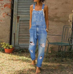 Naiste Retro Denim Bib Kombinesoonid Teksad Kombinesoonid ja p&uuml;ksid Naistele Ripped Hole Vabaaja veniv pikk m&auml;ngu&uuml;likond Taskud Jumpsuit M