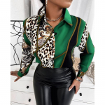 Naiste vabaaja kevad-s&uuml;gisene pikkade varrukatega POLO-kaelusega pluusid ja s&auml;rgid L leopard