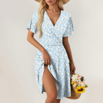 Naiste suvine kleit, lahtine rannapuhkuse vabaaja s&uuml;gava V-kaelusega vestkleit, elegantne s&auml;rkkleit L sinine