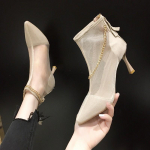 Naiste sandaalid suvine uus metallist kett seksikate mustade k&uuml;lmade saapadega k&otilde;rge kontsaga lukuga, suletud tagasi sandaalid PU peokingad, marli teravik 35