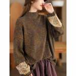 Naiste Pullover Kampsunid Mock kaelusega pikkade varrukatega lapiline print Lilleline kevadkootud puuvillane naiste kampsunid One Size kohv