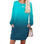 Women's gradient printed fashionable long-sleeved round-neck pocket dress XL taevasinine v&auml;rv