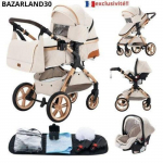 BAZARLAND30.Poussette 3 en 1 B&eacute;b&eacute; Combin&eacute;e Si&egrave;ge-Auto Nacelle Trio R&eacute;versible R&eacute;glable Haute Qualit&eacute; Roues increvables Canne.Blanc valge