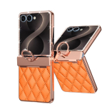 Luksuslik Nahast Teemant&uuml;mbris Samsung Z Flip 8 7 Galaxy Z Flip 7 FE 6 5 4 jaoks Bling S&auml;tendav Kivist Hinge R&otilde;ngashoidja Kate No Glass Film&Galaxy Z Flip 8 oranž