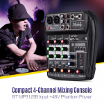 Muslady AI-4 Compact Mixing Console Digital Audio Mixer 4-kanaliline BT MP3 USB sisend +48V Phantom must