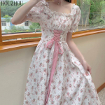 HOUZHOU lilleline midikleit t&uuml;drukule, kandiline krae, l&uuml;hikeste varrukatega Korea magus Kawaii elegantne &scaron;ikk haldjakleit S roosa
