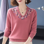 Jacquard kampsun Naiste V-kaelusega tikitud džemprid Moodsad kudumid S&uuml;gistalvine lahtised Suured Pullover XXL tumeroosa v&auml;rv