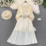 Suvised naiste &otilde;&otilde;nsad pitsilised plisseeritud pikk kleit vanaaegne naiste kaelusega kollane/lilla/sinine/must lapiline, drapeeritud Maxi Vestidos One Size aprikoosi