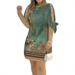 Naiste kleit, &otilde;&otilde;nsad, l&uuml;hikesed varrukad, &uuml;mmargused kaelused, lilleprinter, retro-pehme hingav pits-mansett, l&otilde;tv p&otilde;lvepikkus, kunstp&auml;rlitega kaunistus, daam pendeldamine S roheline