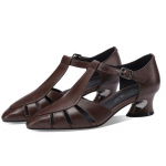 Pehmest nahast Rooma jalan&otilde;ud, &otilde;&otilde;nsad, naiste k&otilde;rge kontsaga sandaalid, ribad Baotou paksud kontsad, mood Lihtne vabaaja kevad ja suvi 38 pruun