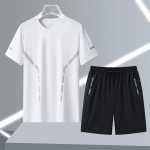 Men's casual sports suit summer round neck thin short-sleeved T-shirt with short trousers ice silk quick dry two-piece set M valge
