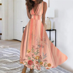 Naiste pikk kleit Maxi kleit vabaaja kleit Suvine vabaaja varrukateta V kaelus Boho v&ouml;&ouml;koht Retrotr&uuml;kiga kleit L pronksi