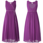 Lastele m&otilde;eldud &scaron;ifoonist varrukateta helmestega pulmakleit, juunioride pruutneitsi kleit, t&uuml;drukute tantsuballi peokleit 13-14 Years lilla