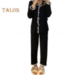 2 tk/komplekt S&uuml;gistalvine naiste pidžaama&uuml;likond, volangiga, alla keeratav krae &Uuml;heharjaline pikkade varrukatega kardigan &uuml;laosa laia s&auml;&auml;rega p&uuml;ksid magamisriided vabaaja koduriietus M must