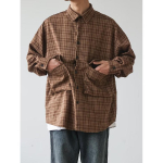 Jaapani stiilis retro suurte taskutega ruuduline pikkade varrukatega s&auml;rk meestele ja naistele vintage mitmetaskuline paar kontrastv&auml;rvi s&auml;rkkleit 2XL khaki