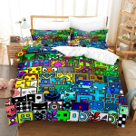 Hip Hop Angry Geometry Dash Voodipesu komplekt &Uuml;he Twin T&auml;is Queen King Suuruses Voodikomplekt M&auml;ngude Magamistuba Tekikoti komplektid Anime Voodi 70x133cm 2pcs black