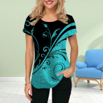 Moodne naiste lehtede tr&uuml;kiga T-s&auml;rk Naljakas vabaaja O-kaelusega l&uuml;hikeste varrukatega T-s&auml;rk Suvine naiste T-s&auml;rk XS sinine