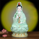 1TK Keraamiline Istuv Lootos Roheliste Riidetega Nanhai Guanyini Kuju Kodu Sisustus Kummardamiseks Tegelased Feng Shui Ornament 21cm