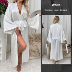 Naiste pikk satiinist hommikumantel &ouml;&ouml;s&auml;rk pikkade varrukatega pitsiga seotav seksikas koduriietus S valge