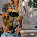 Naiste suvine T-s&auml;rk kiisuprindiga retromoe l&uuml;hikeste varrukatega t-s&auml;rgid vabaaja tr&uuml;kitud topid XS lilla