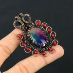 Rainbow Solar Quartz, Garnet Copper Wire Wrap Pendant 2.76 j2y99